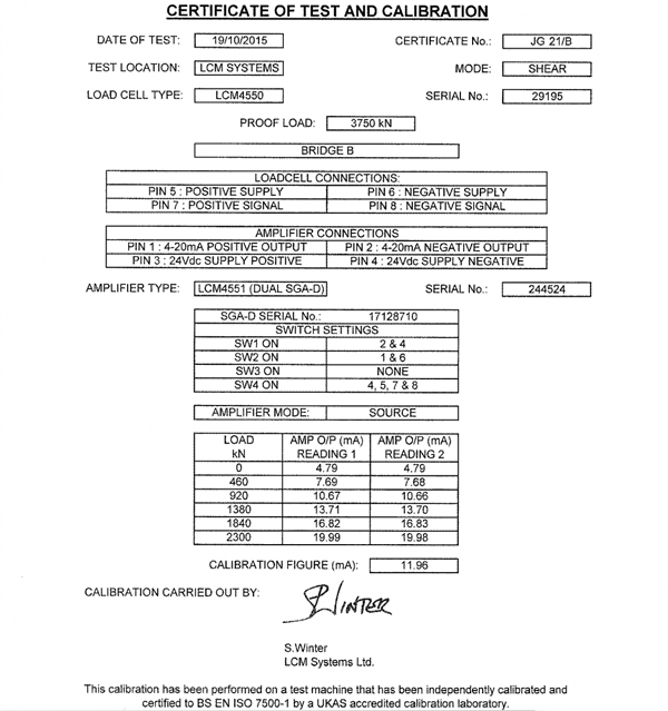 lcm4550 load pin calibration certificate