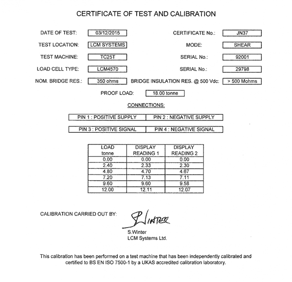 lcm4570 load shackle calibration certificate