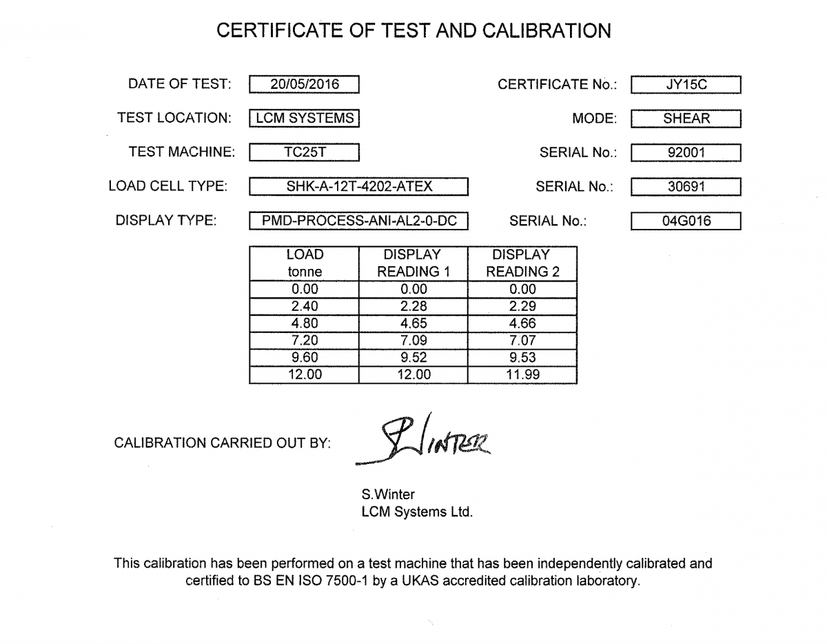 lcm4643 atex load shackle calibration certificate