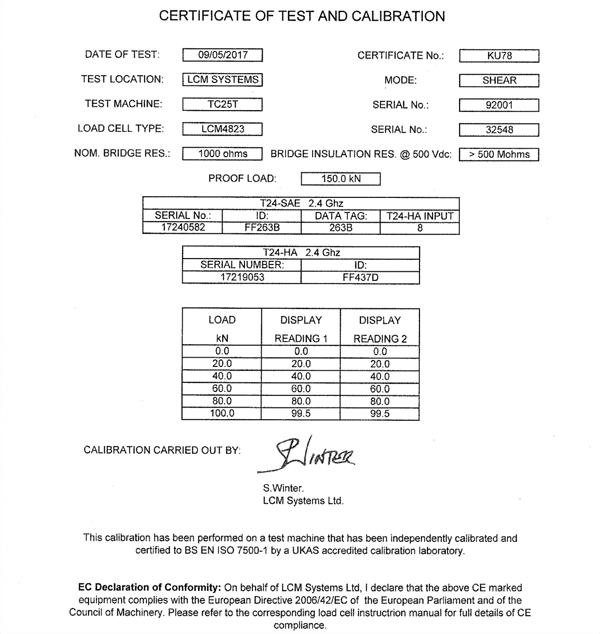 lcm4823 wireless load pin calibration certificate