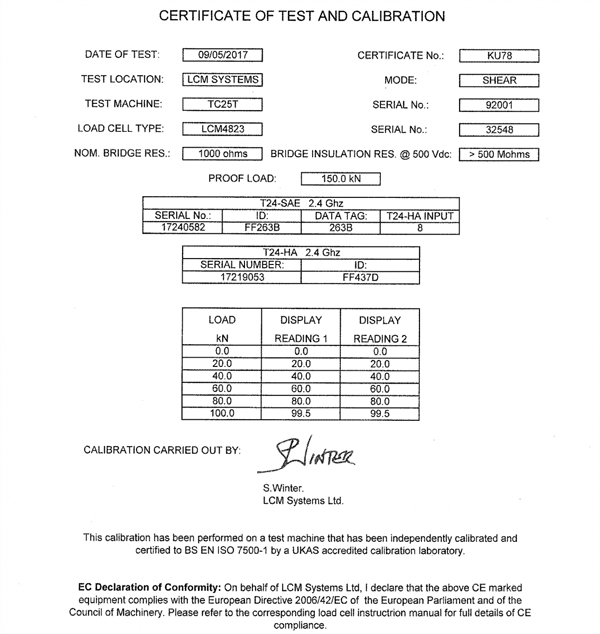 lcm4823 wireless load pin calibration certificate